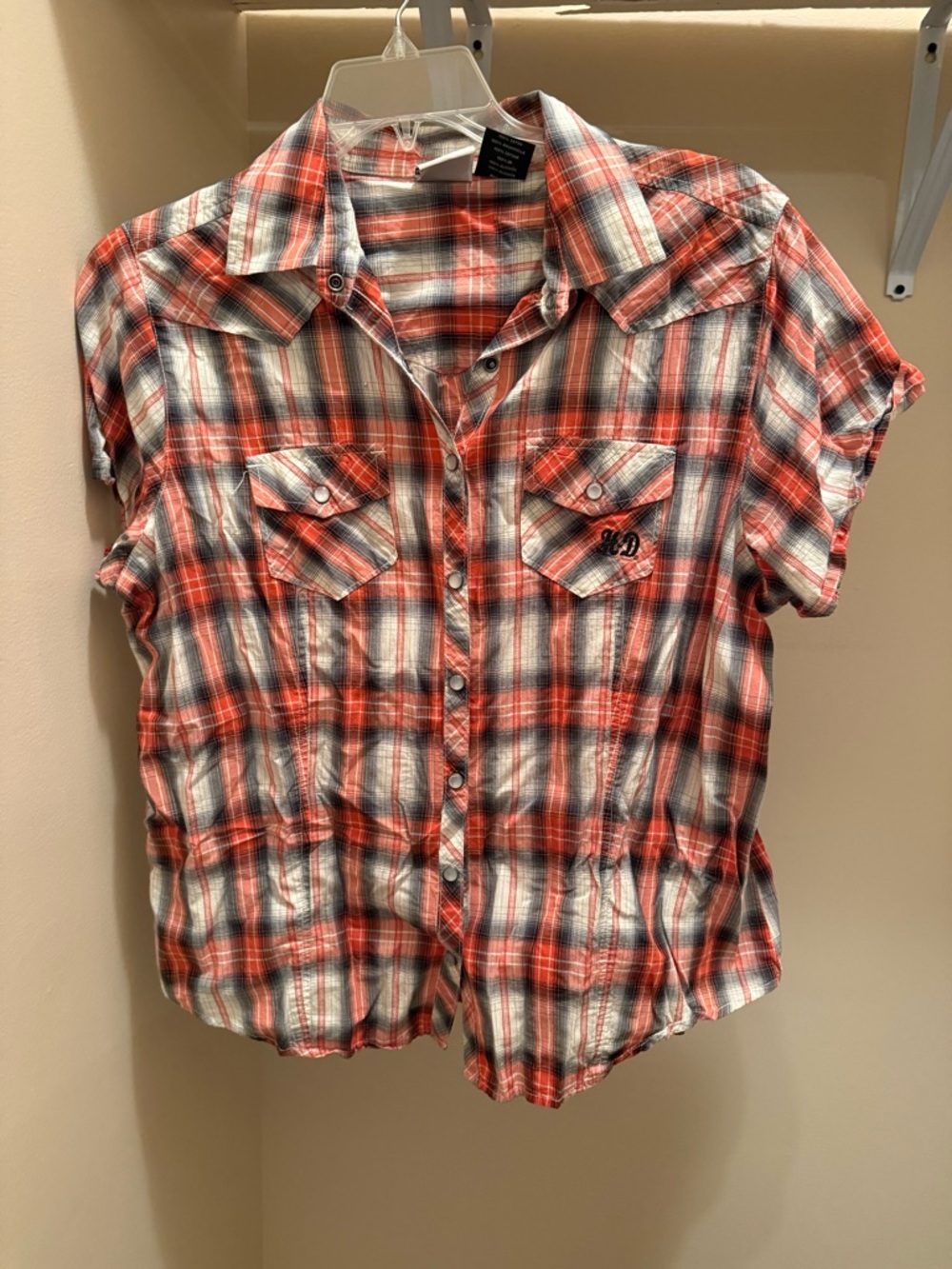 Harley-Davidson Plaid Button-Front Shirt with Chest Pockets - Orange White Gray